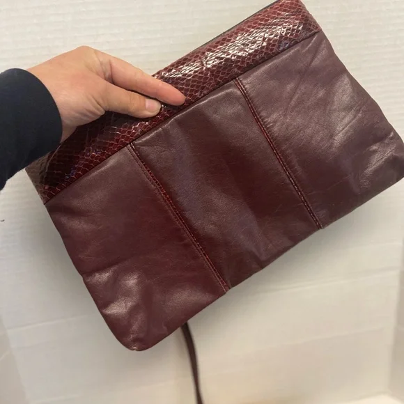 Vintage Unbranded Leather & Snakeskin Burgundy Clutch & Shoulder Bag - Picture 13 of 13